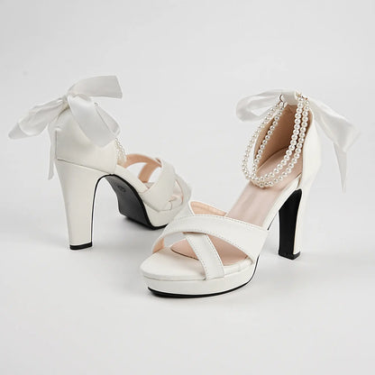 Pearl Ribbon Criss Cross Bridal Block Heel Sandals