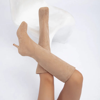 Wide Calf Suede Square Toe Pull On Knee High Boots