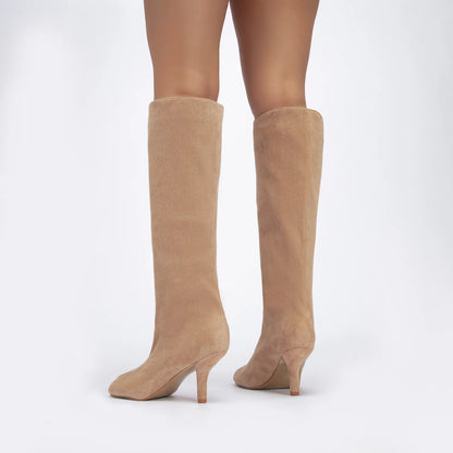 Wide Calf Suede Square Toe Pull On Knee High Boots