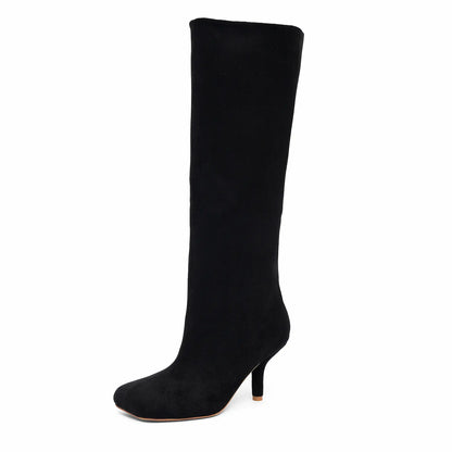 Wide Calf Suede Square Toe Pull On Knee High Boots