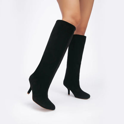 Wide Calf Suede Square Toe Pull On Knee High Boots