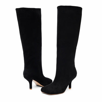 Wide Calf Suede Square Toe Pull On Knee High Boots