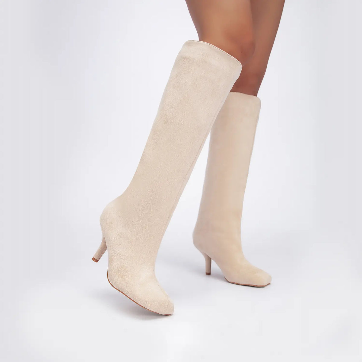 Wide Calf Suede Square Toe Pull On Knee High Boots