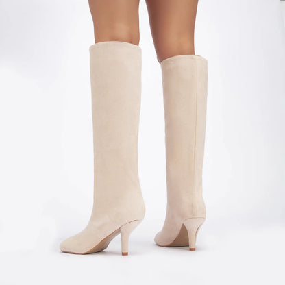 Wide Calf Suede Square Toe Pull On Knee High Boots