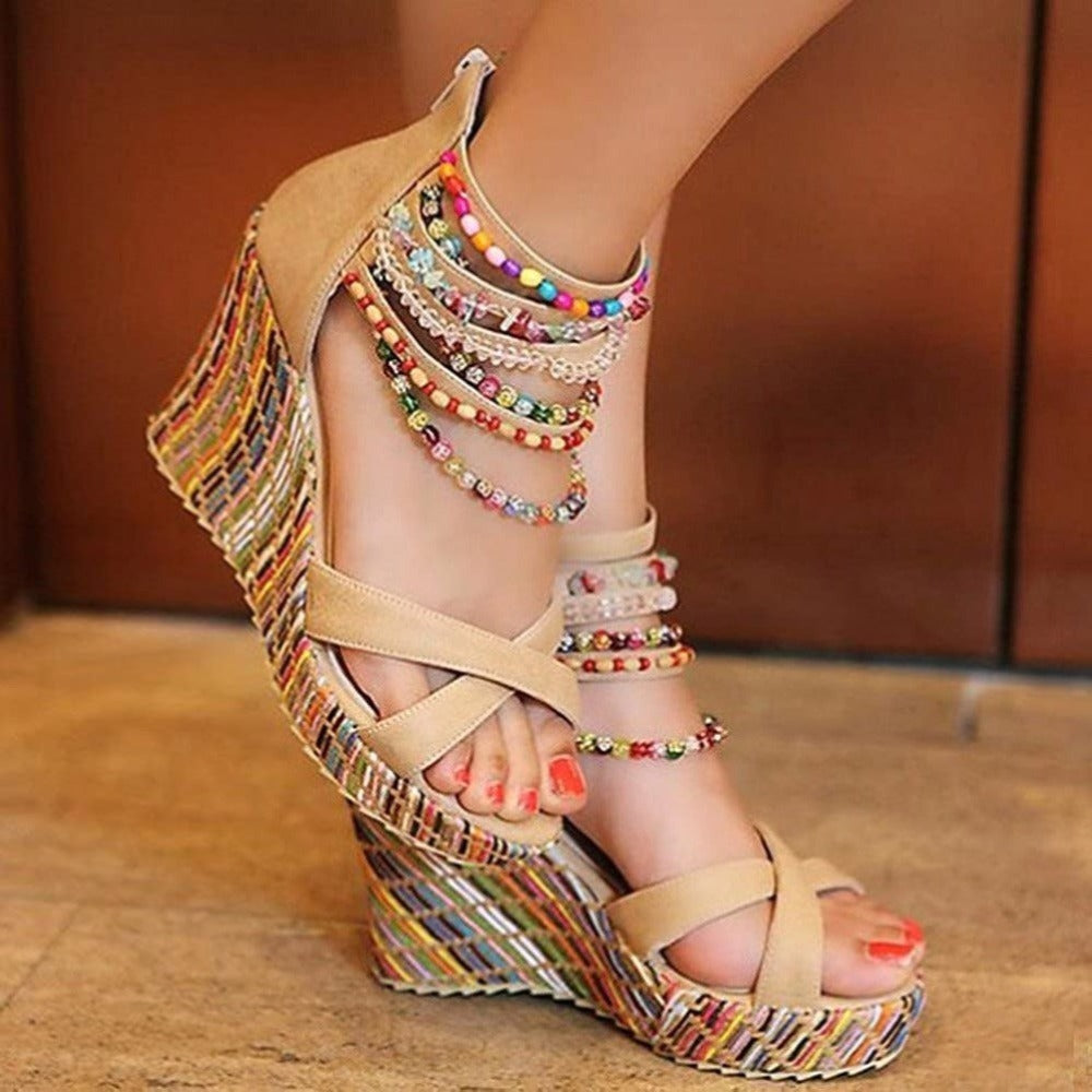 Boho Beaded Woven Wedge Sandals