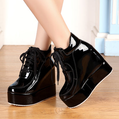 Patent Lace-Up Platform Wedge Sneakers