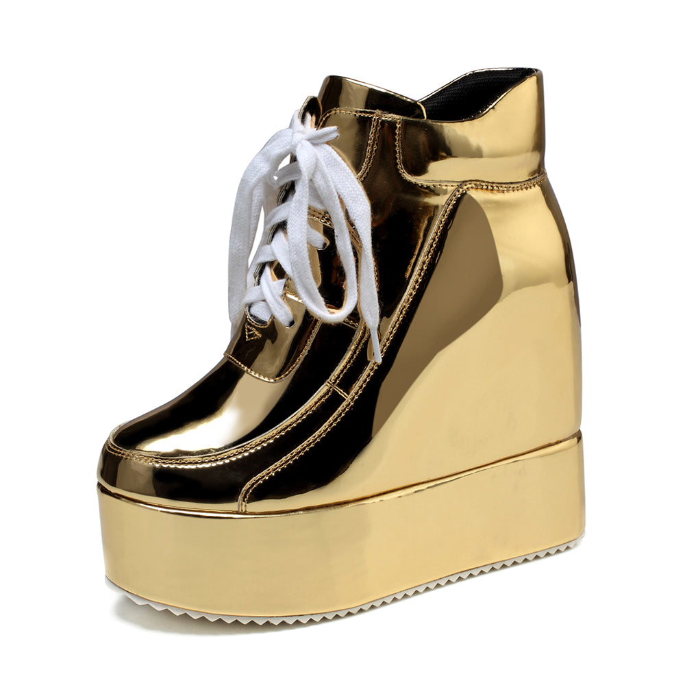 Patent Lace-Up Platform Wedge Sneakers