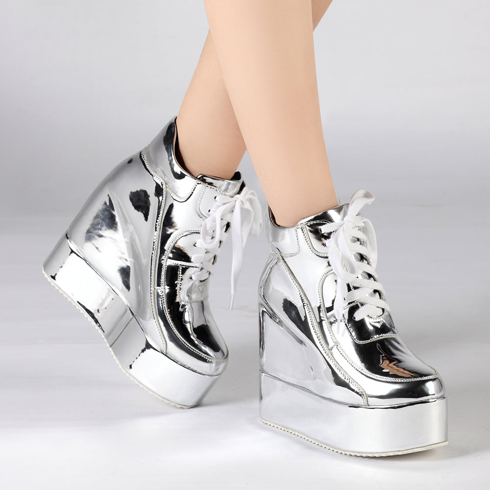 Patent Lace-Up Platform Wedge Sneakers