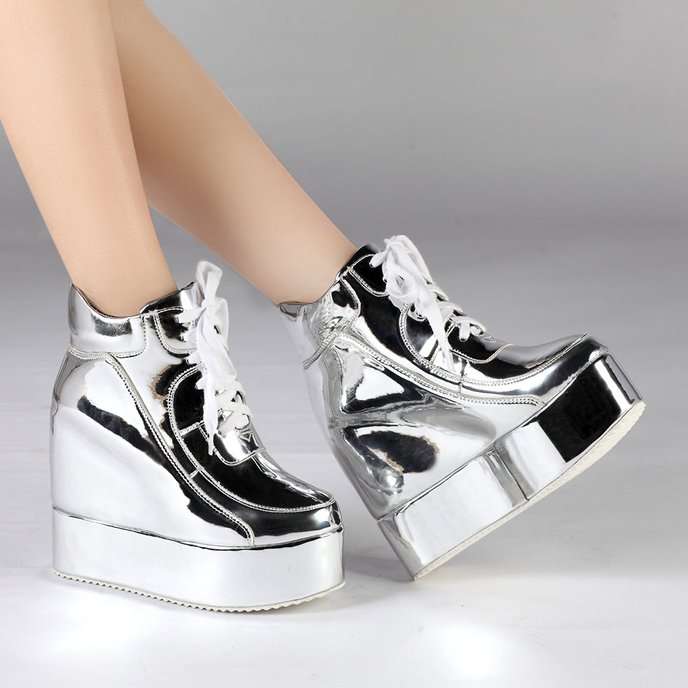 Patent Lace-Up Platform Wedge Sneakers