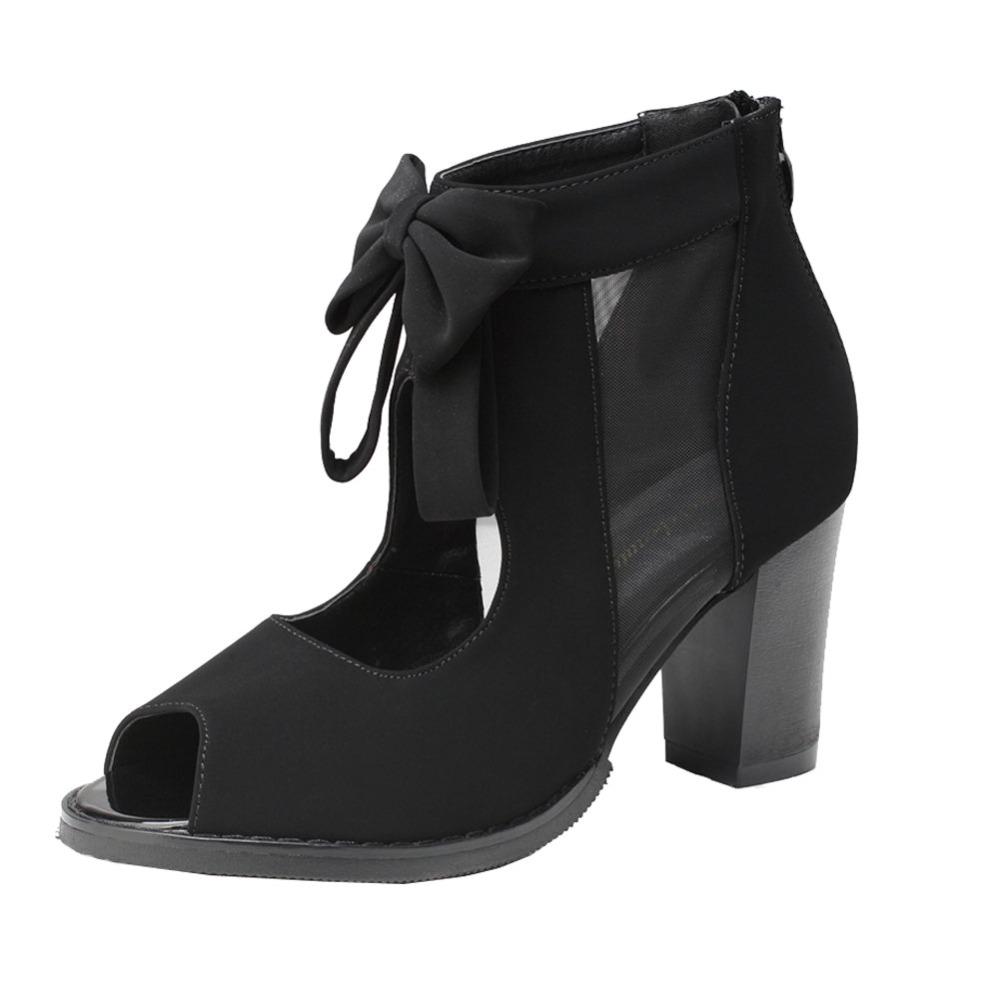 Vintage Bow Mesh Peep Toe Block Heel Booties
