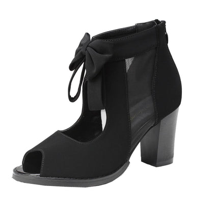Vintage Bow Mesh Peep Toe Block Heel Booties