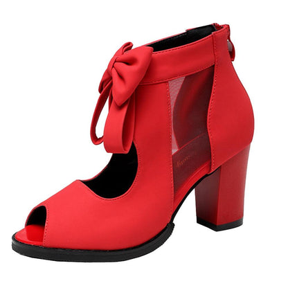 Vintage Bow Mesh Peep Toe Block Heel Booties