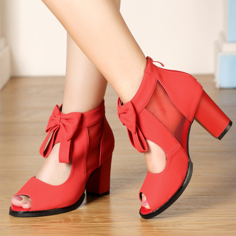 Vintage Bow Mesh Peep Toe Block Heel Booties