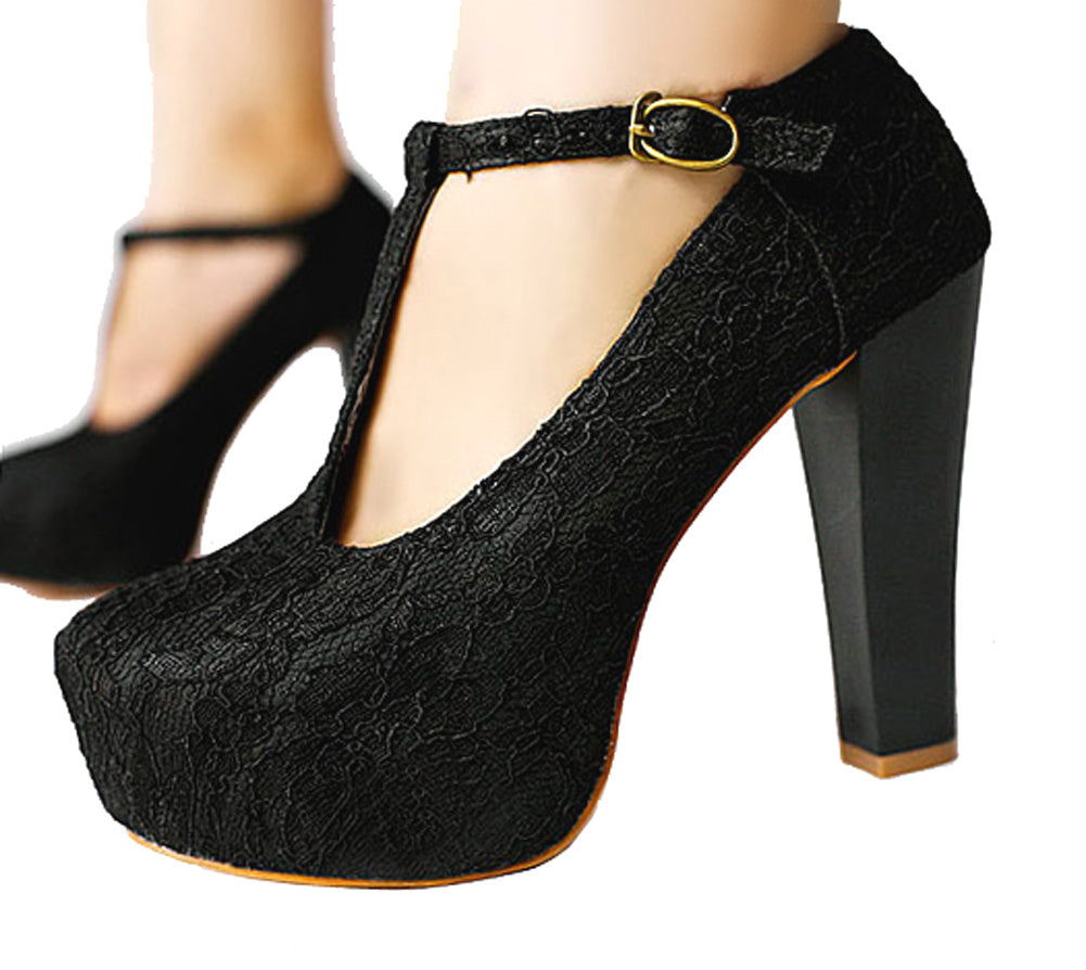 Vintage Lace T-Strap Platform Pumps