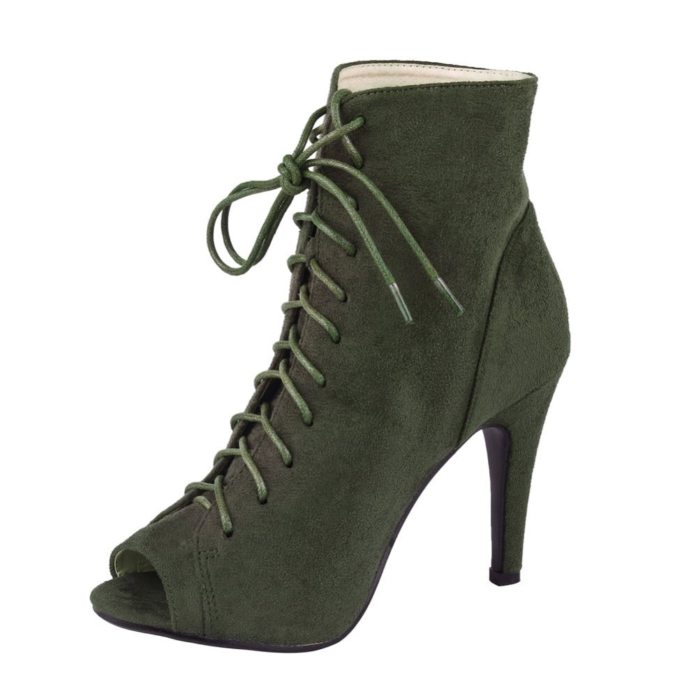 Retro Lace-Up Peep Toe Booties